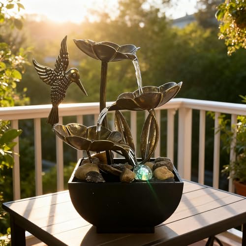 AOZITA Tabletop Fountain, Indoor Waterfall Fountain, Small Home Décor Zen Relaxation Soothing Sound Machine for Office, Living Room, or Bedroom, Bronze Metal Lotus with Hummingbird, River Rocks, LED