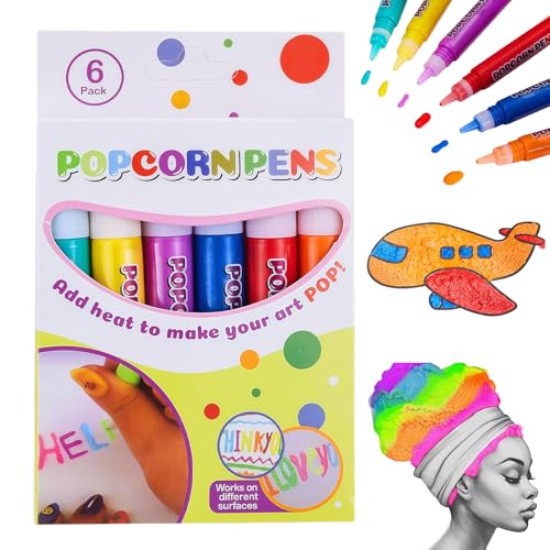 Omeblos 3D Bubble Popcorn Drawing Pens Magic Puffy Pens Set 6 Colors Magic Puffy Pens for Kids for Puffy Cards Drawing Art Writing Doodle Making Starter Kit Christmas Gifts Teenage Girls Gifts