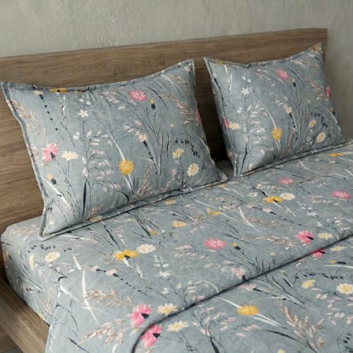 Image of Home Sizzler Microfibre Delicate Floral Printed All-Around Elastic Fitted King Size Bedsheet (72 X 78) with 2 Pillow Covers - Grey /Blue