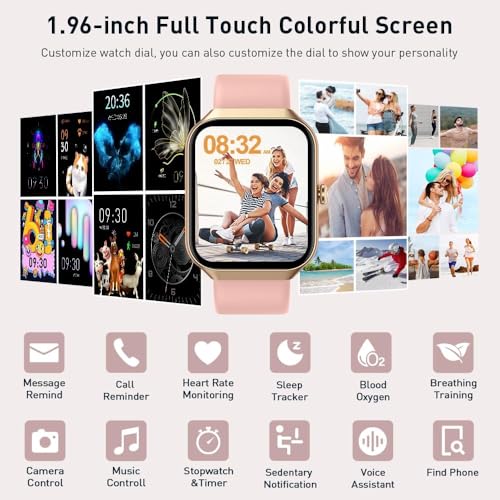 Smart Watch(Answer/Make Call), 1.96" HD Smartwatch for Women, 2025 Fitness Watch with 110+ Sport Modes/Heart Rate/Sleep Monitor/Pedometer, IP68 Waterproof Fitness Activity Tracker for Android iOS Pink3