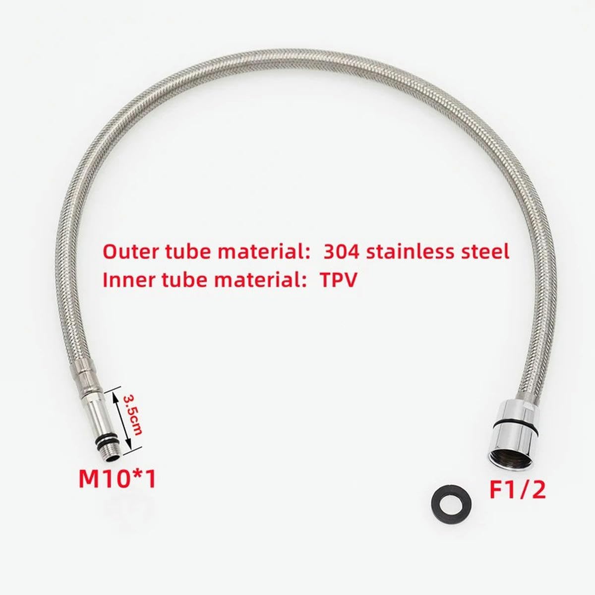 Inless Tuyau de robinet de cuisine en acier 50/60/70/80 cm, F1/2 M10 x 1, tuyau d'alimentation en eau, argenté, 1 pièce