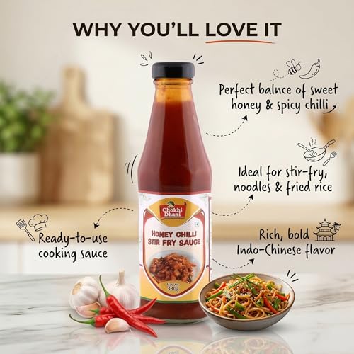 Image of Chokhi Dhani Honey Chilli Sauce 330g | Sweet & Spicy Indo Chinese Stir Fry Sauce | Cooking & Dipping Sauce for Noodles, Fried Rice, Burgers & Wraps | Bold Flavour