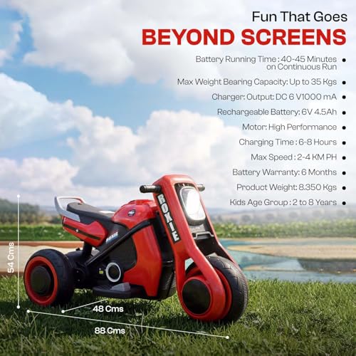 Image of Toyzone Roxie Kids Electric Bike (Red) | Rechargeable Bike with 6V 4.5Ah Battery | MP3 /USB /BT Music & LED Lights| Smooth Acceleration | 6 Months Battery warranty, For Kids Age 2 to 8 Years, Upto 35 kg