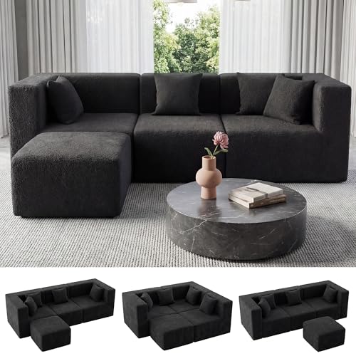Image of MONVANE 103'' Modular Sectional Sofa, Comfy Teddy Velvet Cloud Couch with Ottoman, Modern Convertible L Shaped Couch with Deep Seat, Sectional Couches for Living Room, Bedroom and Apartment, Black