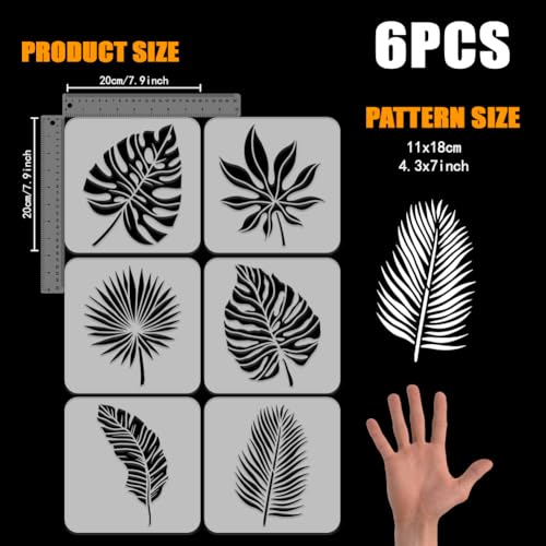 FINGERINSPIRE 6Pcs Tropical Leaves Painting Stencil 20x20cm Monstera Ceriman Rubber Grass Palm Leaf Spraying Stencil Plants Themes Spraying Stencils Reusable Leaves Pattern Wall Hollow Out Stencils - Image 2