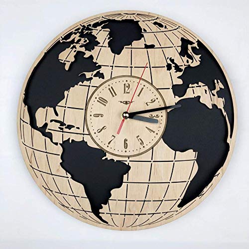 NABSTER Eco Birch Wood Earth Globe Worlds Map Silent Quartz Movement Wall Clock for Home Decor, 12 Inch, Black, Brown