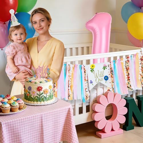 Image of Wild Flower High Chair Banner for First Birthday Party Decoration | Pink Floral Wild One High Chair Tassel Banner for Girls Wildflower 1st Birthday Backdrop Decors Baby Shower Party Supplies