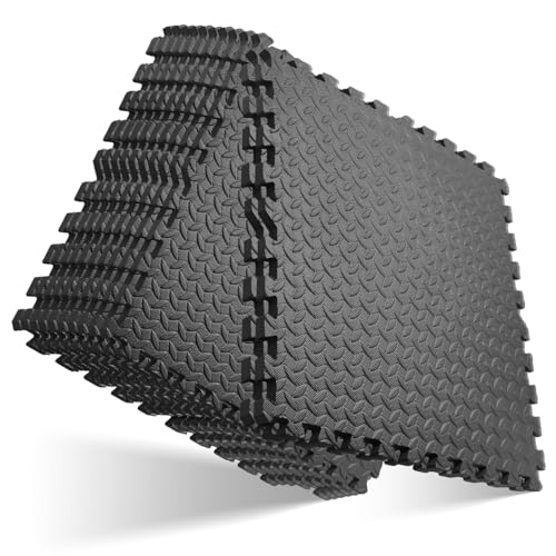 Image of GWT Interlocking EVA Foam Floor Tiles 24x24 Inch 0.4 Inch Thick Gym Flooring for Home Gyms Garages and Basements, 12 Pack Covers 48 Square Feet, Shock-Absorbing Easy Snap-Together Install