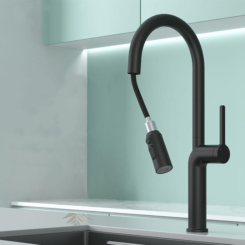 BHFPFZA Black Pull Out Spray Kitchen Faucet - 3-Mode Swivel Brass Tap for Hot & Cold Water - Modern Kitchen Mixer with Easy Installat & omic Design