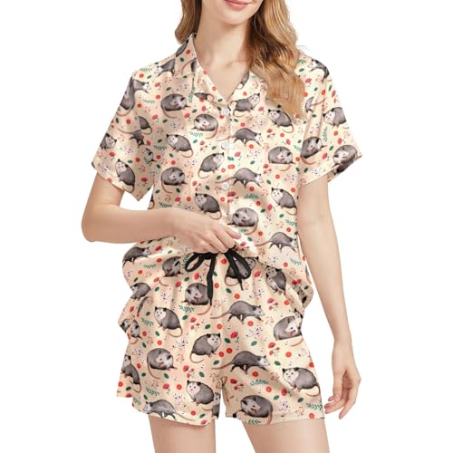 Image of Funny Satin Pajamas Set for Women Button Down Sleepwear Print Pjs Set 2 Piece Short Sleeve Loungewear Gift for Women