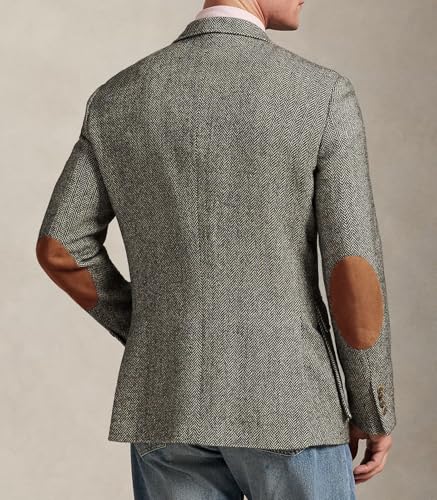 Men's Herringbone Tweed Blazer with Elbow Patches Vintage 2 Button Slim Fit Classic Business Suit Jacket3