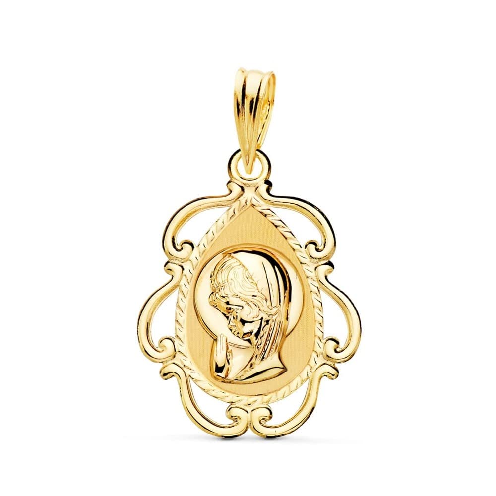 Virgen Niña medalla oro 18k Primera Comunión colgante 22mm. detalle borde formas caladas