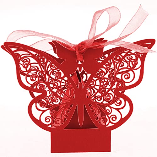 Lot de 50 boîtes de bonbonnières, découpées au laser, en forme de papillon, pour bricolage, mariage, anniversaire, cadeau, bonbons, avec rubans (rouge)