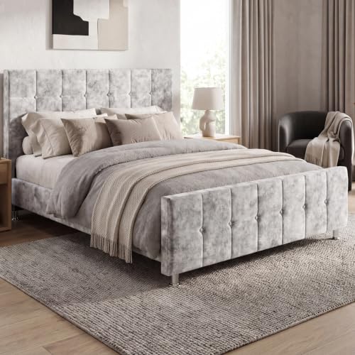 Image of Vida Designs Valentina King Bed Frame | Crushed Velvet Silver | 118 H x 157 W x 216 D cm | Upholstered Velvet Headboard | Slatted Base | Premium Bedroom Furniture