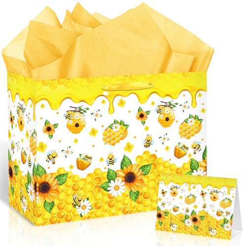 TagreSpike Bee Birthday Gift Bag for Baby Girls Boys Sweet As Can Bee Wrapping Bag with Tissue Paper and Card Honey Bees Bumble Candy Treat Bags for Baby Shower Birthday Gender Reveal Party Supplies