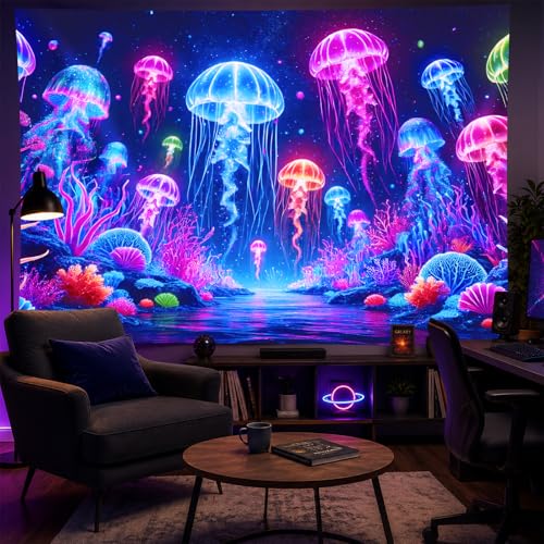 Image of BlissYard Blacklight Jellyfish Tapestry UV Reactive Neon Jellyfish Wall Hanging Tapestry Glow in The Dark Fantasy Ocean Underwater Tapestry for Bedroom Party Backdrop Living Room 59 X 78 inch