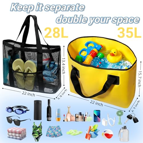 Double Large Mesh Beach Bag Tote Waterproof Sandproof with Pocket for Women Men Beach Swim Pool Separable 35L&28L4