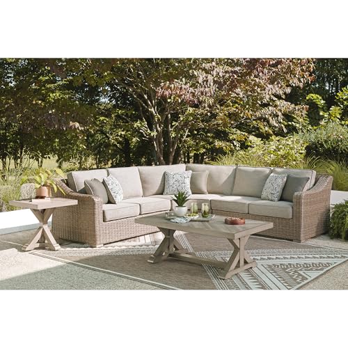 Image of Signature Design by Ashley Revare Beach Coastal Weather Resistant 3-Piece Outdoor Sectional with Removable Cushions and 6 Accent Pillows, Beige