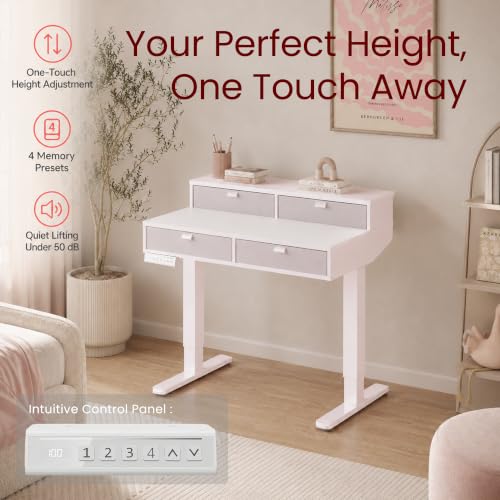 Image of HUANUO 39-Inch 4 Drawers Electric Standing Vanity Desk | 4 Memory Heights; 28.3-46.5 in Range; Quiet Lift under 50 dB; Multi-Drawer Storage; Sit-Stand Makeup, Work & Study Desk