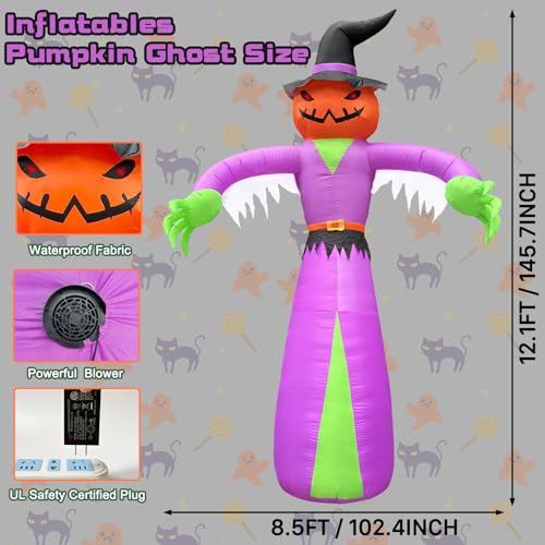 12FT Giant Halloween Inflatables Pumpkin Ghost with Witch Hat, Halloween Inflatables Decorations with LED Lights for Haunted House Indoor Outdoor Yard Garden Lawn Holiday Party - image 3