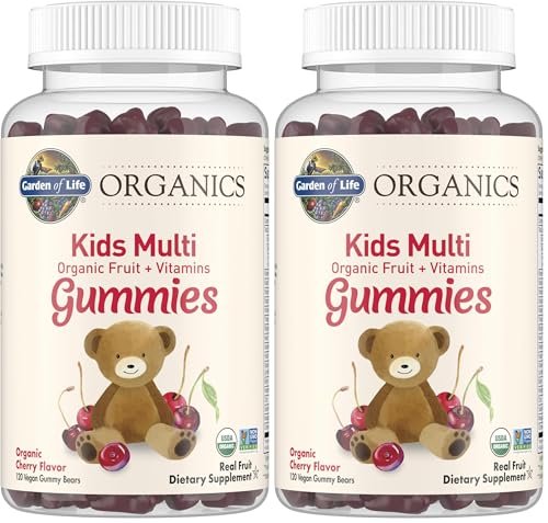 Image of Garden of Life Organics Kids Gummy Vitamins,Certified Organic,Non-GMO & Vegan Complete Children's - B12,C & D3 Gluten,Soy-& Dairy Free Real Fruit Chew Gummies,Multi,Cherry,120 Count (Pack of 2)