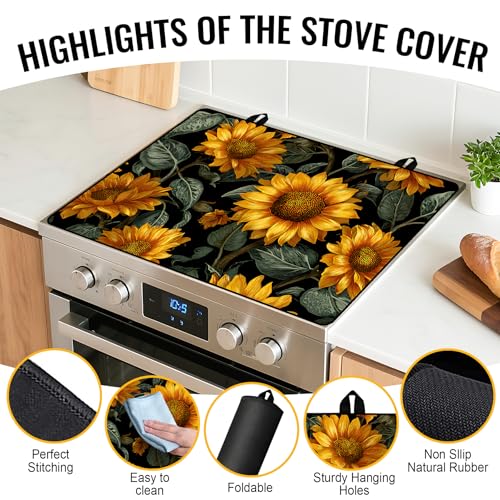 Image of NYZE Stove Cover for Electric and Glass Stove Tops 3-in-1 Stove Mat, Heat Resistant Counter Protector Mat, Non-Slip Surface & Drying Rack (Sunflower, 28.5 inchLx20.5 inchW)