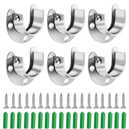 6 PCS Curtain Pole Brackets, Wardrobe Pole Bracket Flange Rod Holder Stainless Steel Closet Pole Sockets Heavy Duty U Shaped Shower Curtain Rail for Wardrobe Shower Curtain