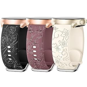 AMSKY 3 Stück Floral Gravierte Armband Kompatibel mit Samsung Galaxy Watch 7/6/5/4 40mm 44mm, Watch 6/4 Classic 43mm 47mm 42mm 46mm, 5 Pro 45mm, 3 41mm, FE 40mm, 20mm Silikon Armbänder für Damen