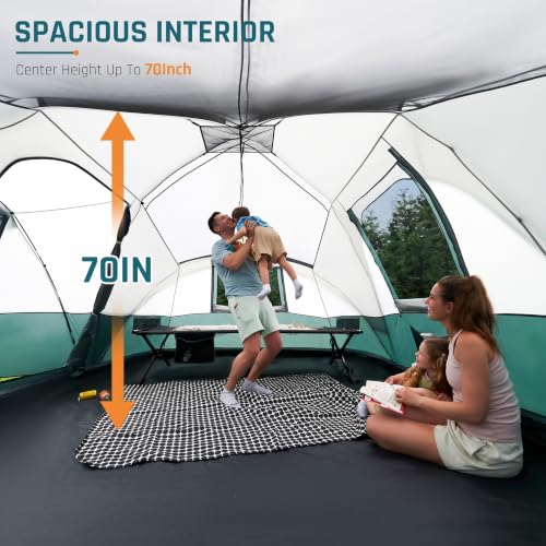 Image of 8 /10 /11 Person Camping Tent with Porch, Large Family Tents for Camping, PU1000MM Waterproof Tent with 5 Mesh Windows, Removable Rainfly, Reflective Windproof Rope, Big Dome Tent Fits 3 Queen Airbeds