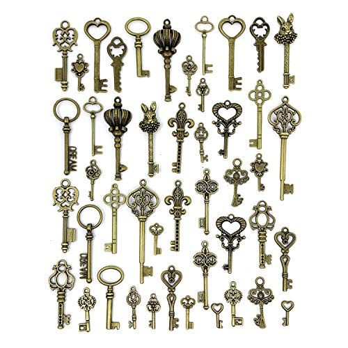 Vintage Skeleton Key Charms, JIALEEY 23 Type of 46PCS Antique Bronze Key Charms for Necklace Pendant DIY Jewelry Making Supplies Wedding Favors