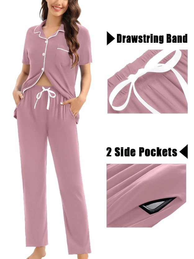 Image of SWOMOG Womens 3pcs Button Down Pajamas Set Short Sleeve Sleepwear Bride Pj Lounge Set with Long Pants