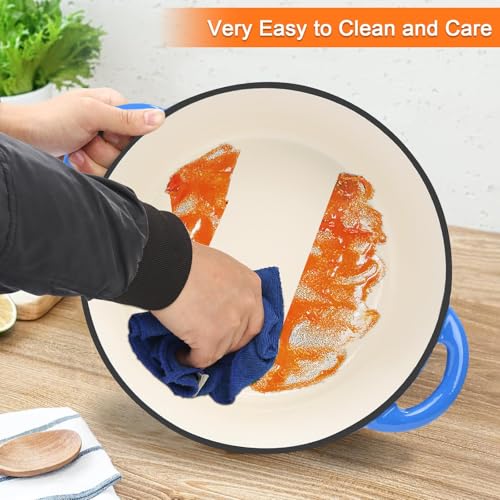 Ø28cm Emaille Gusseisen Schmortopf mit Deckel,Dutch Oven für Zuhause, Küche, Gusseisen Bräter für alle Herdarten und Induktion geeignet zum Kochen, Backen, Kühlen und Servieren,Rund,Blau,5,7L
