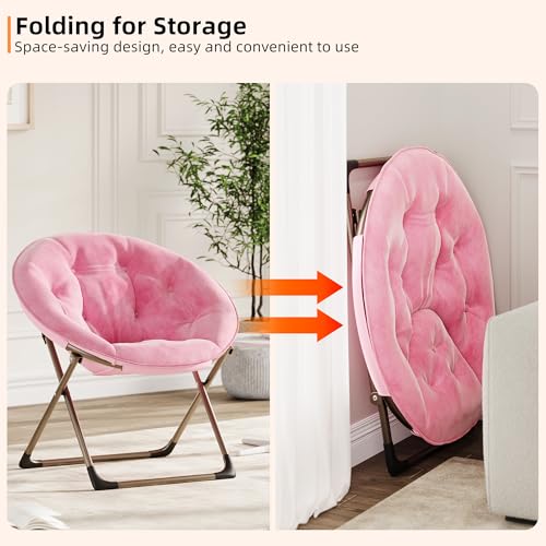 Saucer Chair, Comfy Chair Faux Fur Lounge Moon Chair with Folding Metal Frame, Oversized Plush Foldable Flower Accent Seat for Adults, Teens, Bedroom, Dorm or Living Room(2PCS, Pink)