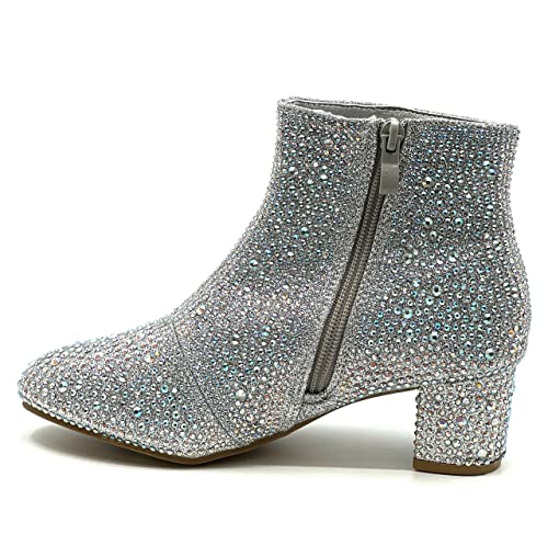 Forever Girls Rhinestone Boots Kids Low Heel Dress Booties Iceberg-12K Shoes Silver Rhinestone 14