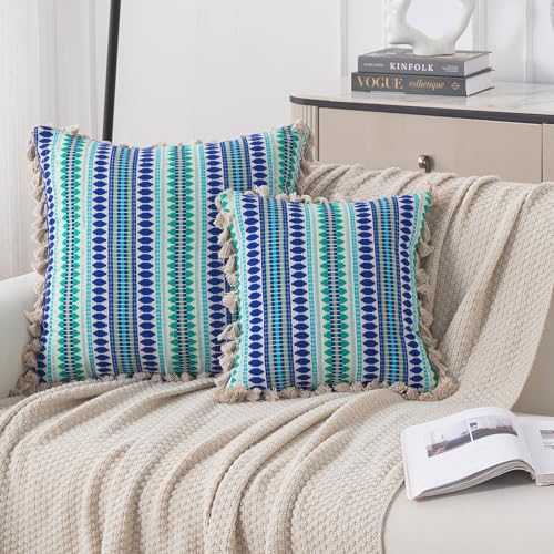 Image of HOKIPO 'Artisan Boho Series' 450 GSM Cushion Cover with Tassels | Cotton Acrylic Jacquard | 16x16 Inch (40x40 cm) | Pack of 2, Royal Blue (IN-905-A2*2)