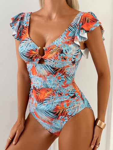Image of Eomenie Womens Ruffled One Piece Swimsuit Slimming Tummy Control Bathing Suit V-Neck Cutout Swimwear for Resort Wear