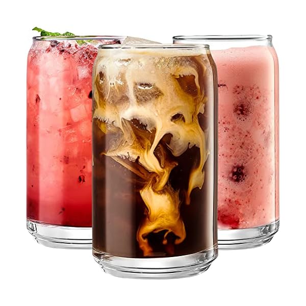 Le'raze Drinking Glasses Set of 6 - Can Shaped Glass Cups Cordial Cup, 16oz Can Glass, Iced Coffee Glasses, Iced Tea Glasses, Tumbler Cup, Cocktail Glasses, Whiskey Soda Clear Water Cup, Beer Glasses