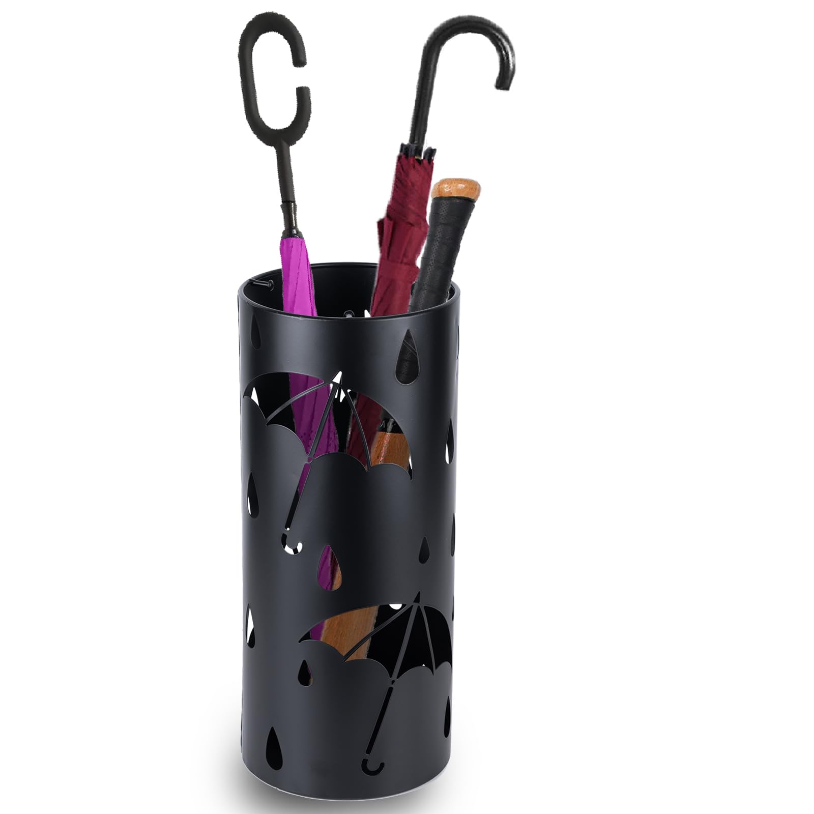 BEWBBAT Umbrella Stand Rack for Entryway, Black Round Metal Umbrella Holder, Free Standing Umbrella Organizer Bin with 3 Hooks for Walk Stick, Home Office Indoor, 17 x 7 Inch