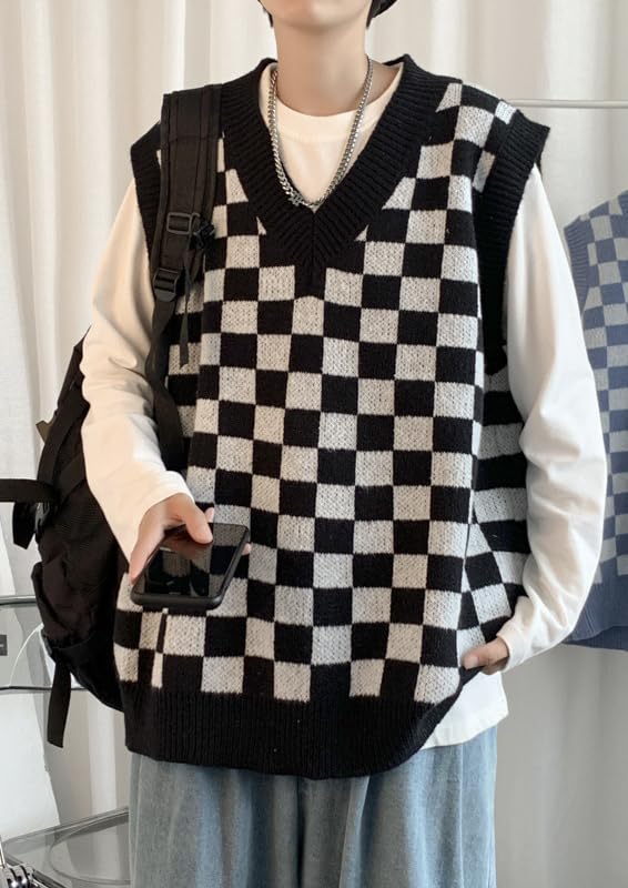 Plaid Graphic Grandpa Sweater Vest for Men Preppy Clothing Y2k Grunge Outfit Trendy Acubi V Neck Tops Gothic Knitwear3