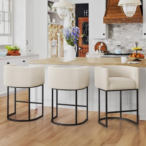 Conjunto de 2 butacos modernos de altura para barra LUE BONA, asiento tapizado en lino con respaldo tipo barril y reposabrazos, estructura metálica negra (color lino)