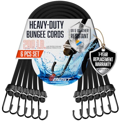 VBEST Bungee Cords with Hooks 48 Inch - 6 Piece Heavy Duty Black Bungie Cords for Outdoor Use UV & Weather Resistant
