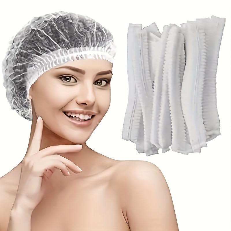 Image of Amazon Brand - QWENOX Disposable Bouffant Caps Hair Net Cap 100 Pcs Elastic Mob Caps for Food Service, Medical Use, Sleeping Head Cover, Factory Warehouse Worker, Beauty (White Pack 2)