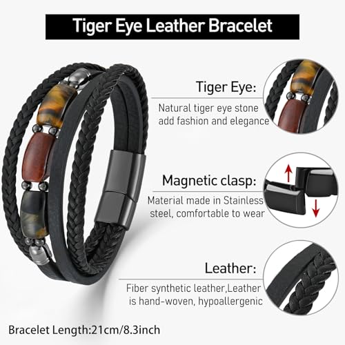 Pulsera para hombre con cuero y piedra ojo de tigre miniatura 6