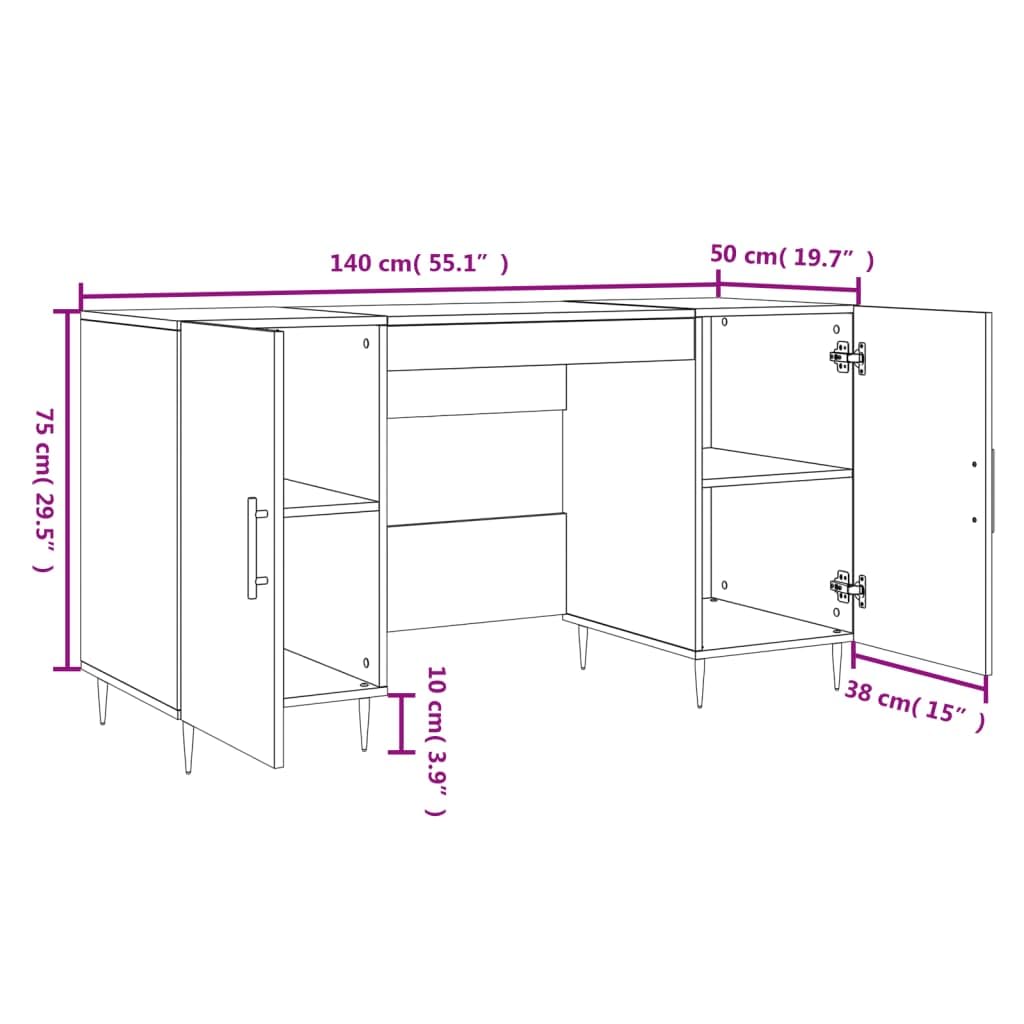 Biurko dąb Sonoma 140 x 50 x 75 cm z materiału drewnopochodnego z żelaznymi nóżkami, miejsce do przechowywania 4 drzwi, do domowego biura, gabinetu, biura, miejsca do nauki, porządku