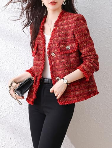 chouyatou Women's Fall V-Neck Fringed Tweed Jacket Button Down Plaid Dressy Tweed Blazer Jacket3
