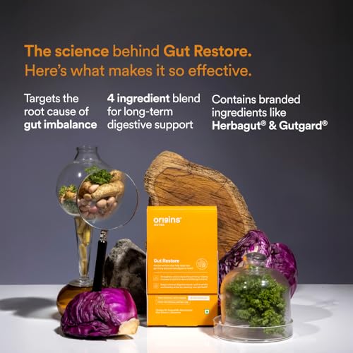Image of Origins Nutra Gut Restore | Supports Gut Lining & Digestive Health | Eases Bloating, Constipation & IBS | Made with L-Glutamine, Marshmallow, Herbagut & GutGard | 28 Veg Capsules (Pack of 2)