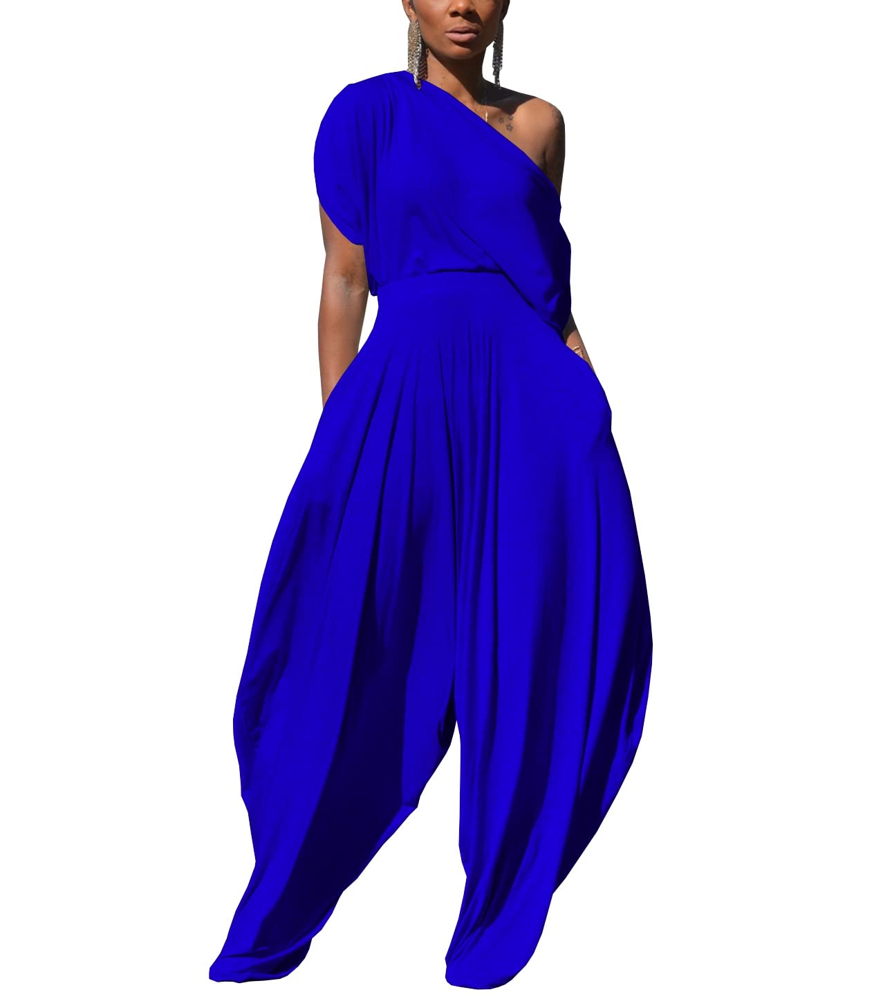WOKANSE Tenue 2 pièces pour femme - Haut à manches courtes et épaules dénudées - Haut et pantalon sarouel ample