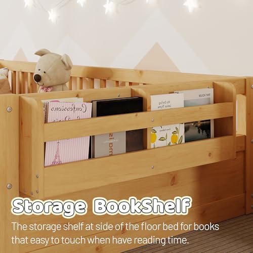 MoproBeti Montessori Floor Bed with High Rails,Twin Size Floor Bed Frame for Kids, LED Lights & Storage Shelf, Safe & Wider Opening Gate Design, Playground & Sleep Space for Girls Boys,Natural