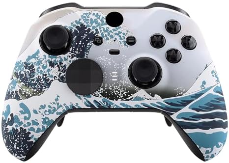 eXtremeRate The Great Wave Patterned Faceplate Cover, Soft Touch Front Housing Shell Case Replacement Kit for Xbox One Elite Series 2, Xbox Elite 2 Core Controller Model 1797 - Accent Rings Included