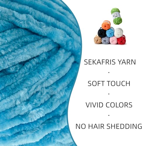 Image of 4 Pack Plush Chenille Chunky Yarn - Fluffy Velvet Yarn Crochet for Blanket Knitting and Crocheting - Soft Baby Yarns for Crocheting - Amigurumi Crochet Yarns 100g (87yds) (4 Lake Blue)